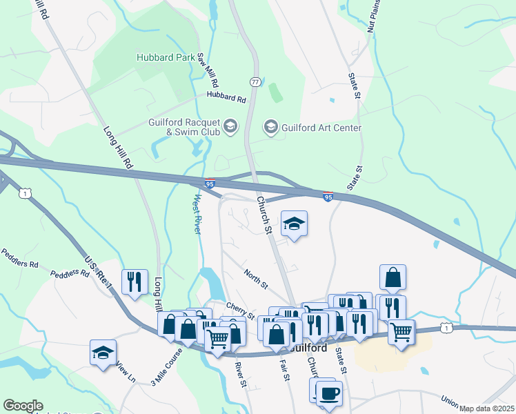 map of restaurants, bars, coffee shops, grocery stores, and more near 308 Church Street in Guilford