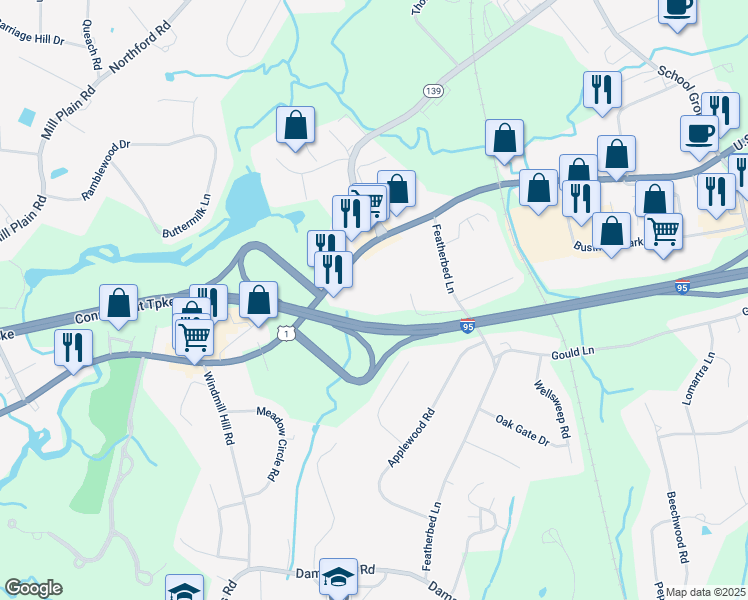 map of restaurants, bars, coffee shops, grocery stores, and more near 23 Featherbed Lane in Branford