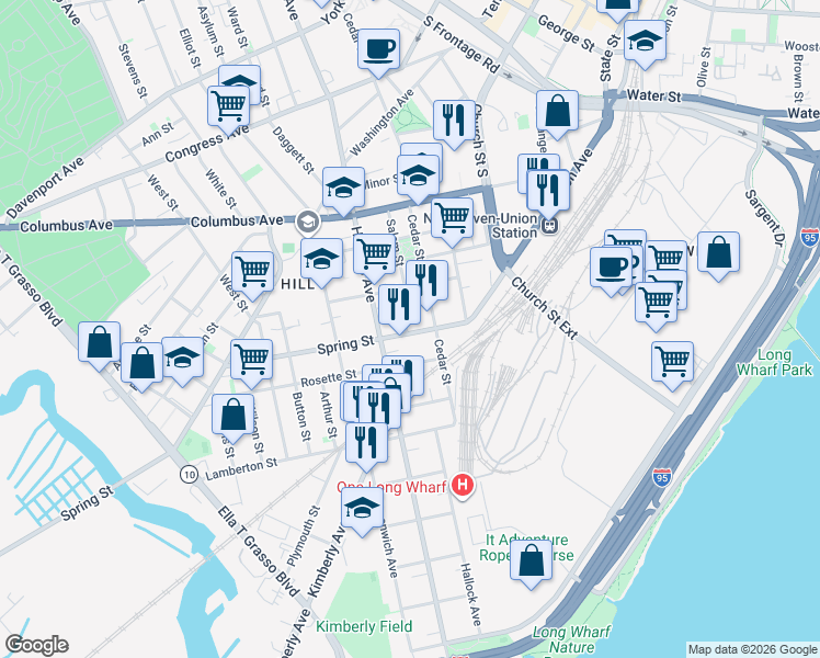 map of restaurants, bars, coffee shops, grocery stores, and more near 118 Cedar Street in New Haven