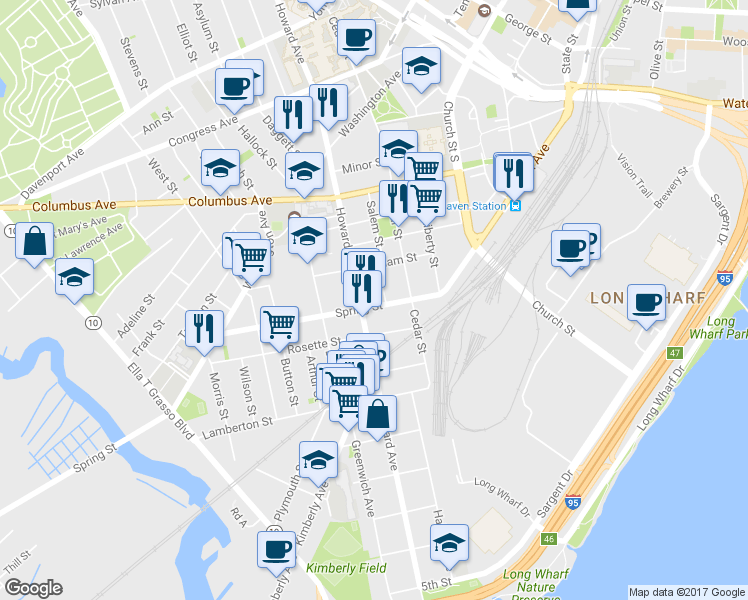 map of restaurants, bars, coffee shops, grocery stores, and more near 505 Howard Avenue in New Haven