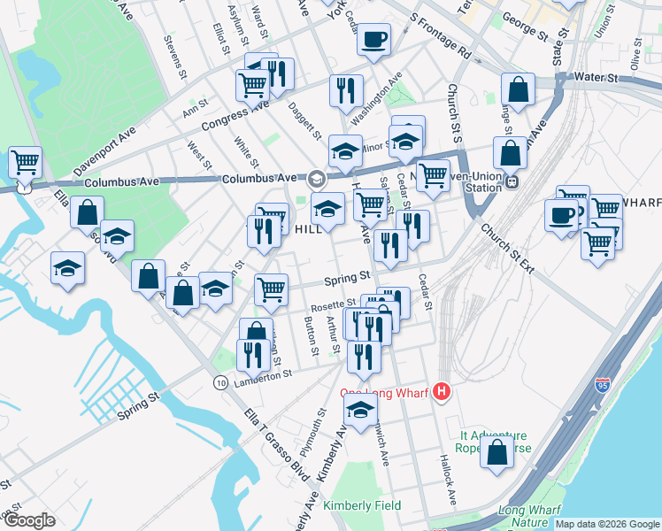 map of restaurants, bars, coffee shops, grocery stores, and more near 140 Dewitt Street in New Haven