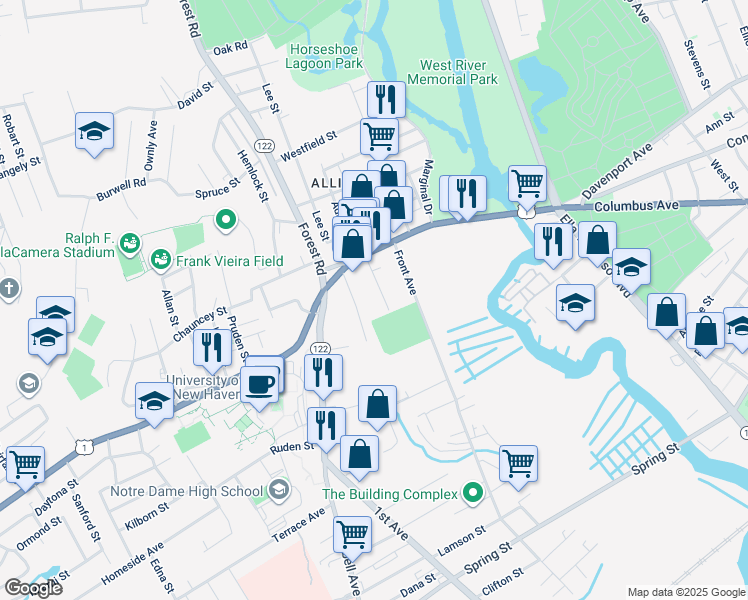 map of restaurants, bars, coffee shops, grocery stores, and more near 144 Taft Avenue in West Haven