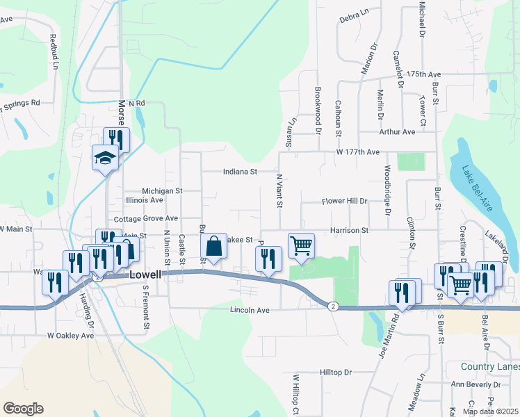 map of restaurants, bars, coffee shops, grocery stores, and more near 235 Prairie Street in Lowell