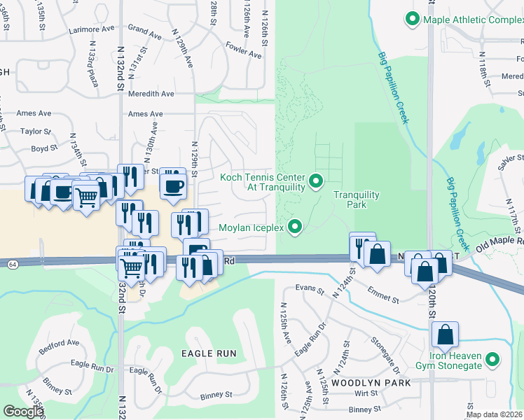 map of restaurants, bars, coffee shops, grocery stores, and more near 12534 Glenvale Plaza in Omaha