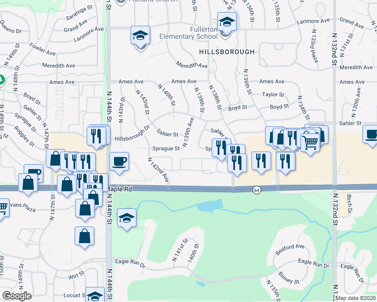 map of restaurants, bars, coffee shops, grocery stores, and more near 4113 North 139th Avenue in Omaha