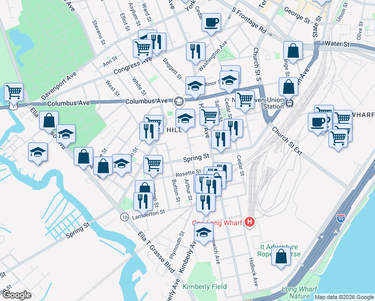 map of restaurants, bars, coffee shops, grocery stores, and more near 140 Dewitt Street in New Haven