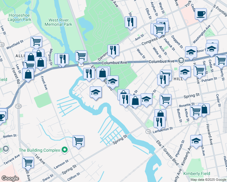 map of restaurants, bars, coffee shops, grocery stores, and more near 560 Ella T Grasso Boulevard in New Haven