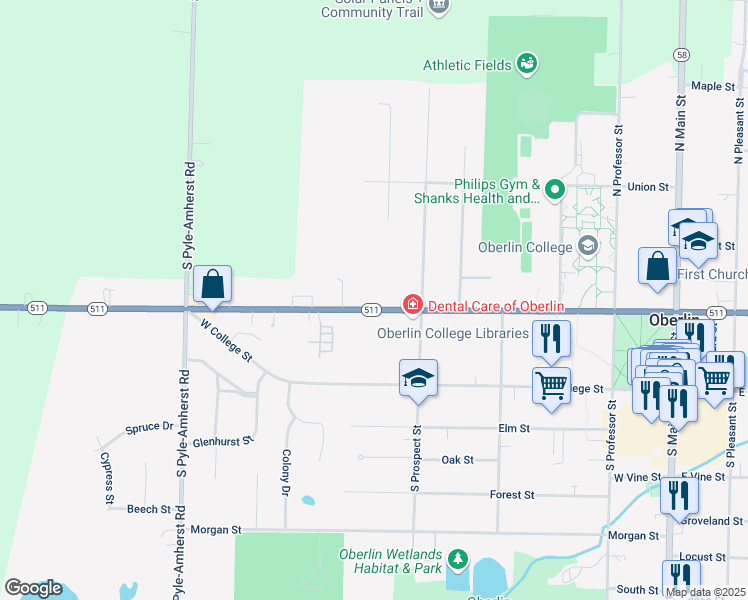 map of restaurants, bars, coffee shops, grocery stores, and more near 356 West Lorain Street in Oberlin