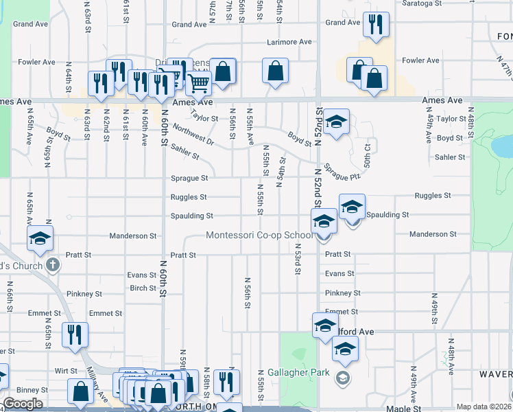 map of restaurants, bars, coffee shops, grocery stores, and more near 3931 North 55th Street in Omaha