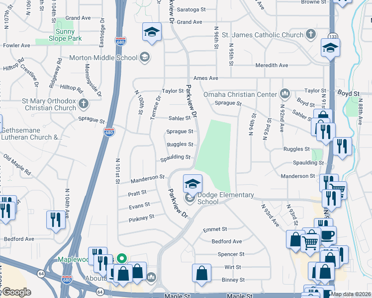 map of restaurants, bars, coffee shops, grocery stores, and more near 9604 Ruggles Street in Omaha