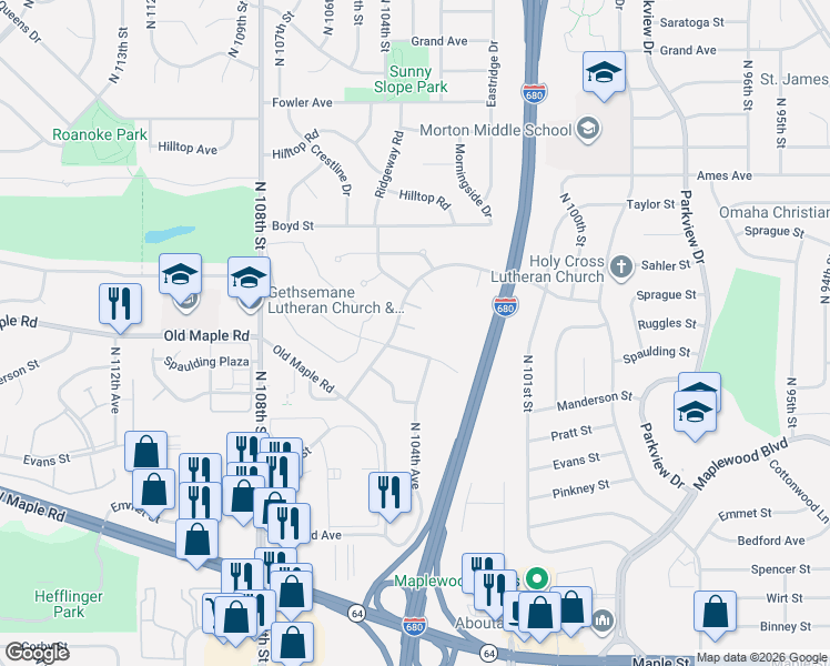 map of restaurants, bars, coffee shops, grocery stores, and more near 10475 Lawndale Plaza in Omaha