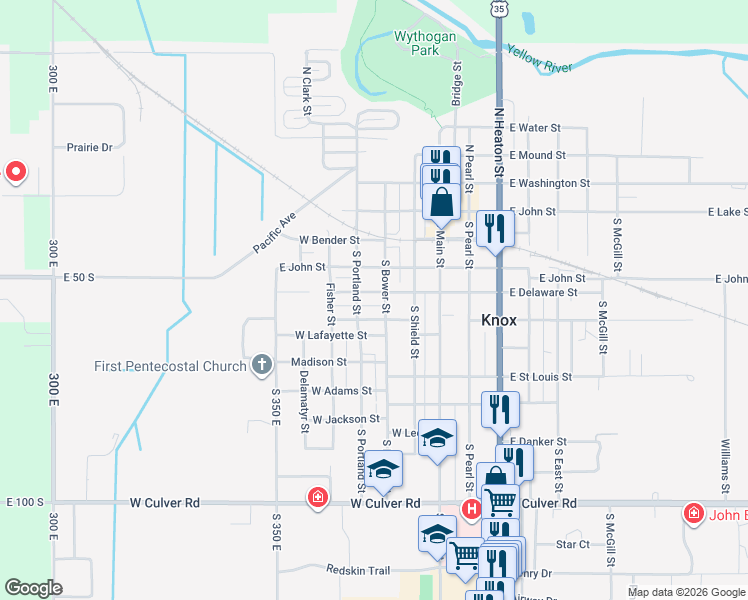 map of restaurants, bars, coffee shops, grocery stores, and more near 201-299 West Delaware Street in Knox