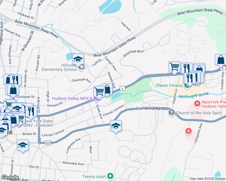 map of restaurants, bars, coffee shops, grocery stores, and more near 122 Husted Avenue in Peekskill