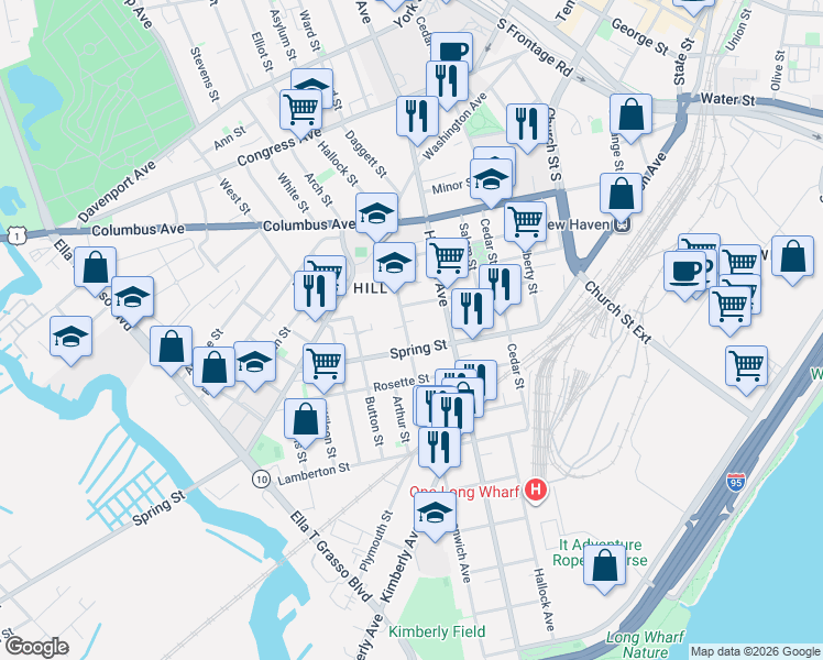 map of restaurants, bars, coffee shops, grocery stores, and more near 196 Putnam Street in New Haven