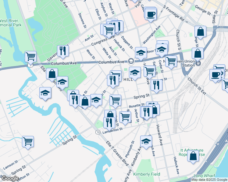 map of restaurants, bars, coffee shops, grocery stores, and more near 16 Truman Street in New Haven