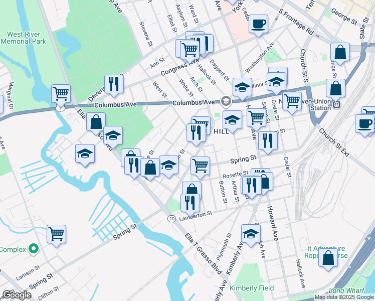 map of restaurants, bars, coffee shops, grocery stores, and more near 16 Truman Street in New Haven