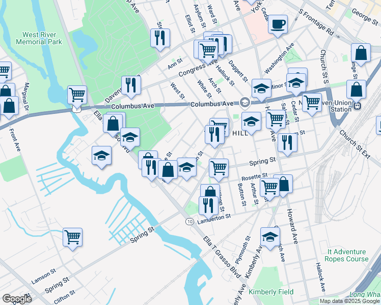 map of restaurants, bars, coffee shops, grocery stores, and more near 112 Frank Street in New Haven