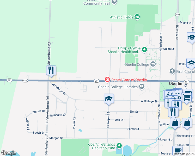 map of restaurants, bars, coffee shops, grocery stores, and more near 356 West Lorain Street in Oberlin