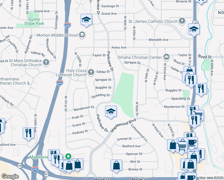 map of restaurants, bars, coffee shops, grocery stores, and more near 9604 Ruggles Street in Omaha