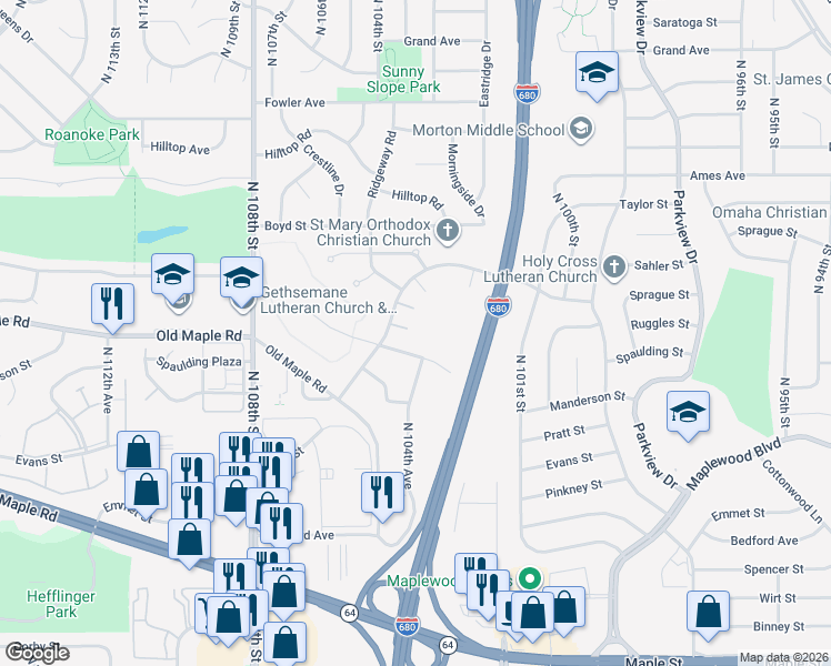 map of restaurants, bars, coffee shops, grocery stores, and more near 10475 Lawndale Plaza in Omaha