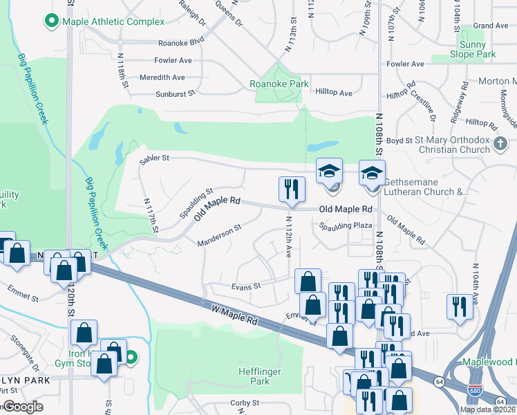 map of restaurants, bars, coffee shops, grocery stores, and more near 11336 Old Maple Road in Omaha