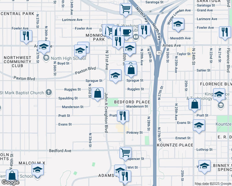 map of restaurants, bars, coffee shops, grocery stores, and more near 3030 Spaulding Street in Omaha