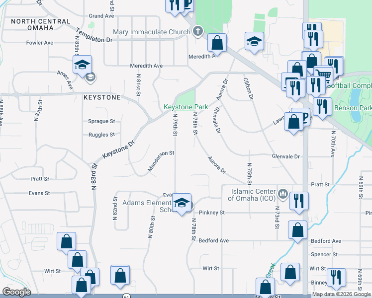 map of restaurants, bars, coffee shops, grocery stores, and more near 4115 North 79th Street in Omaha