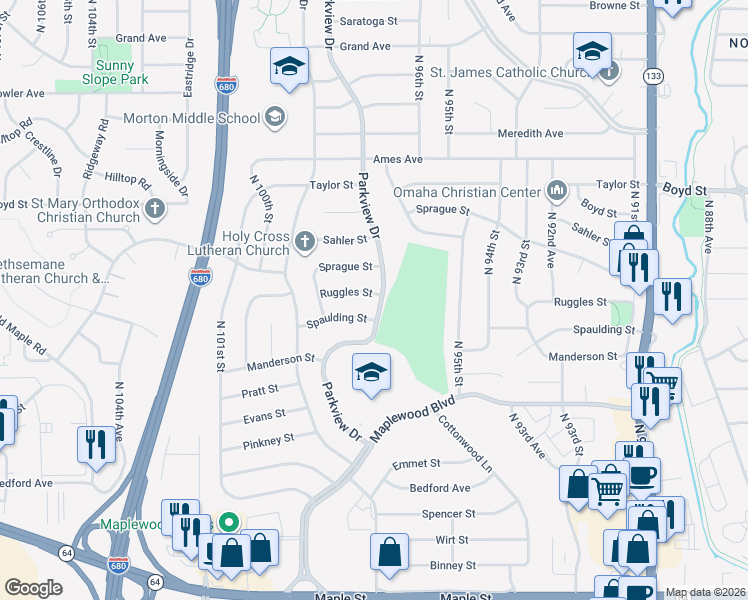 map of restaurants, bars, coffee shops, grocery stores, and more near 9604 Ruggles Street in Omaha