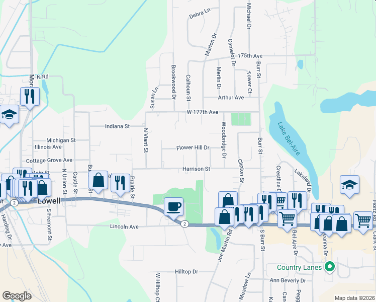 map of restaurants, bars, coffee shops, grocery stores, and more near 1249 Flowerhill Drive in Lowell