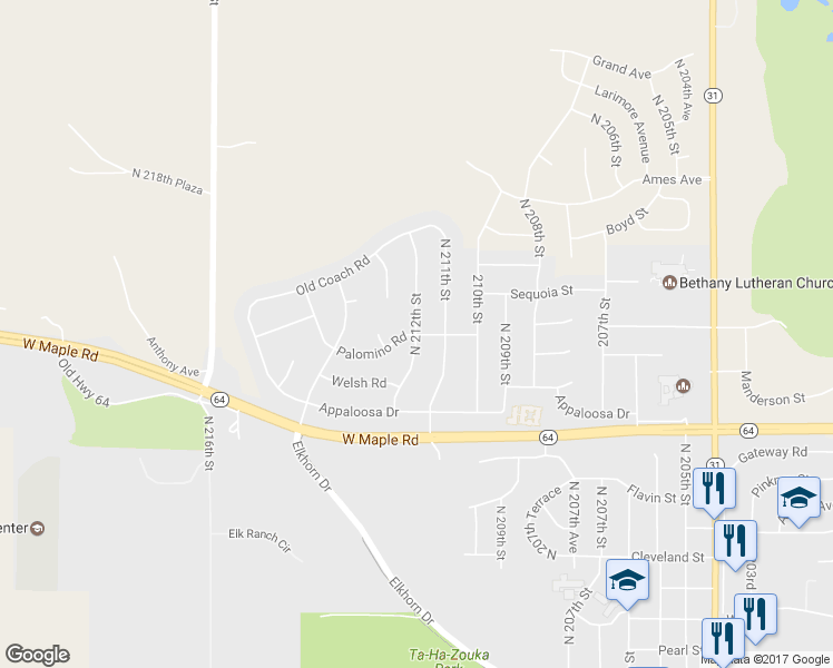 map of restaurants, bars, coffee shops, grocery stores, and more near Palomino Road in Omaha