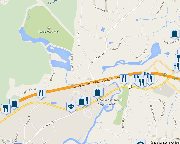 map of restaurants, bars, coffee shops, grocery stores, and more near 58 Mill Plain Road in Branford