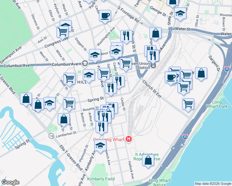 map of restaurants, bars, coffee shops, grocery stores, and more near 118 Cedar Street in New Haven