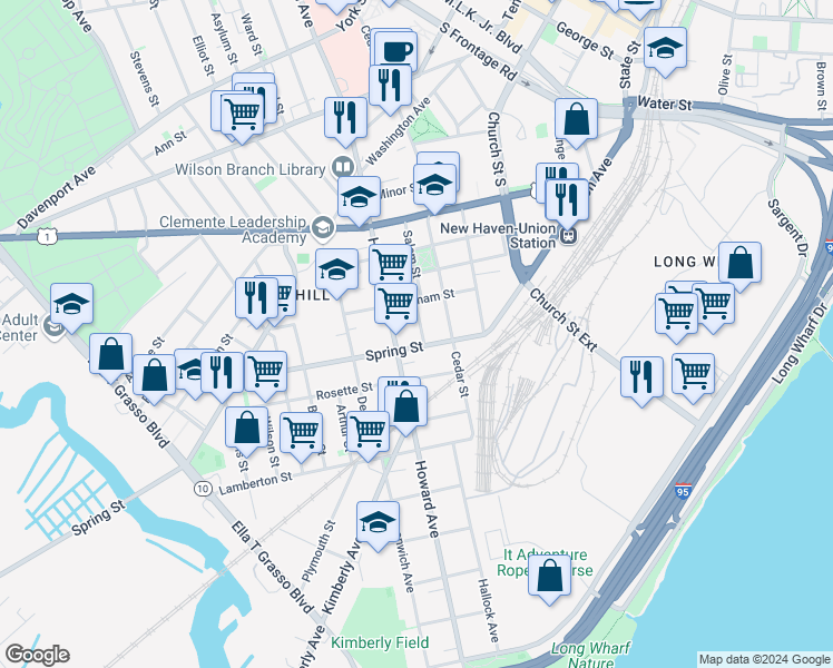 map of restaurants, bars, coffee shops, grocery stores, and more near 505 Howard Avenue in New Haven