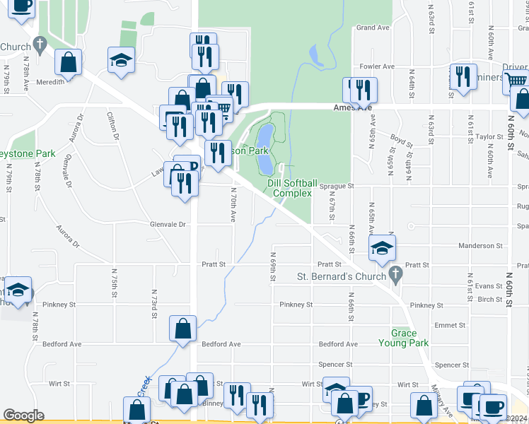 map of restaurants, bars, coffee shops, grocery stores, and more near 6905 Military Avenue in Omaha
