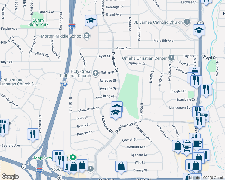 map of restaurants, bars, coffee shops, grocery stores, and more near 9604 Ruggles Street in Omaha
