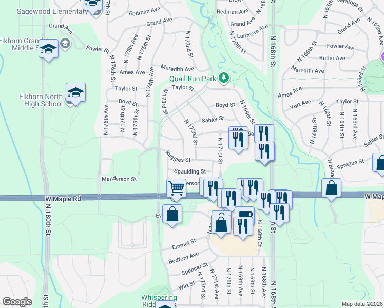 map of restaurants, bars, coffee shops, grocery stores, and more near 4019 North 172nd Avenue in Omaha