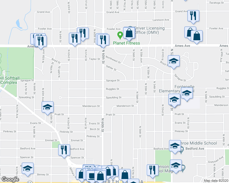 map of restaurants, bars, coffee shops, grocery stores, and more near 5821 Ruggles Street in Omaha