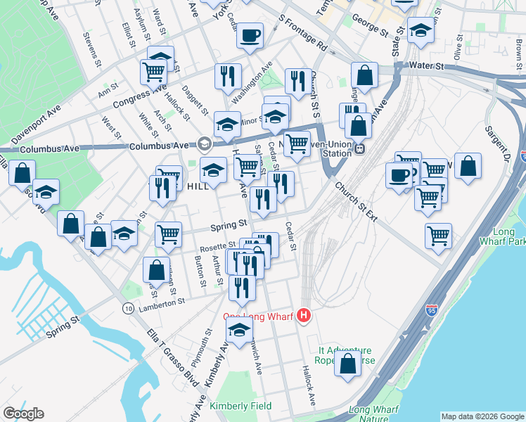 map of restaurants, bars, coffee shops, grocery stores, and more near 505 Howard Avenue in New Haven
