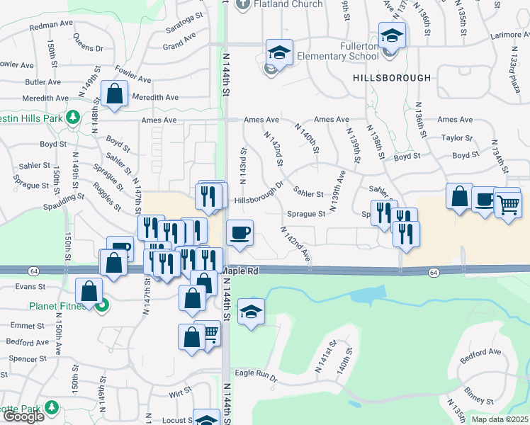 map of restaurants, bars, coffee shops, grocery stores, and more near 14441 Sprague Circle in Omaha