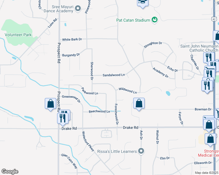 map of restaurants, bars, coffee shops, grocery stores, and more near 20707 Forestwood Drive in Strongsville