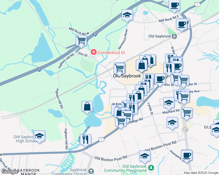 map of restaurants, bars, coffee shops, grocery stores, and more near 19 North Meadow Road in Old Saybrook