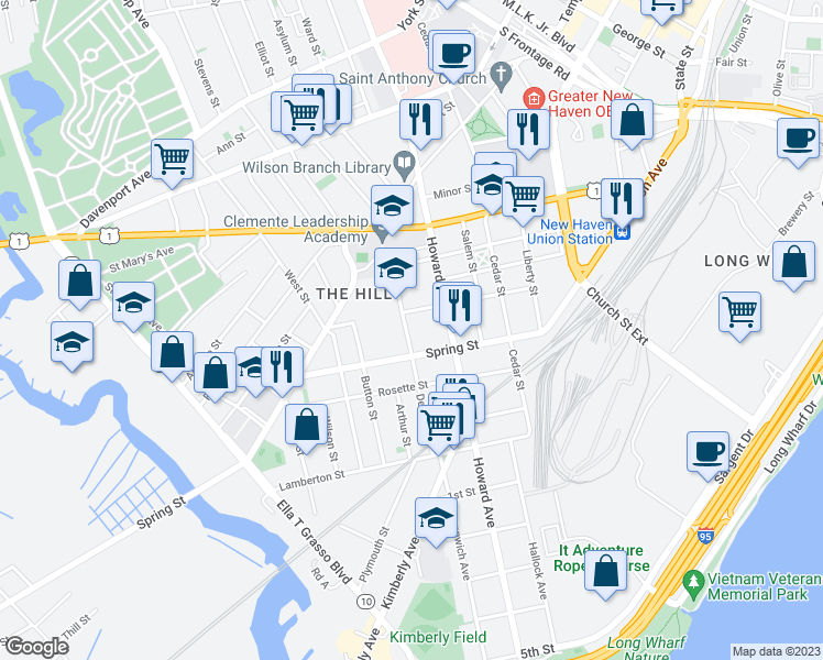 map of restaurants, bars, coffee shops, grocery stores, and more near 119 Dewitt Street in New Haven