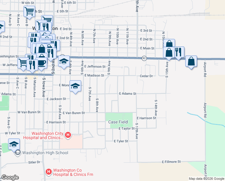 map of restaurants, bars, coffee shops, grocery stores, and more near 501 South 10th Avenue in Washington