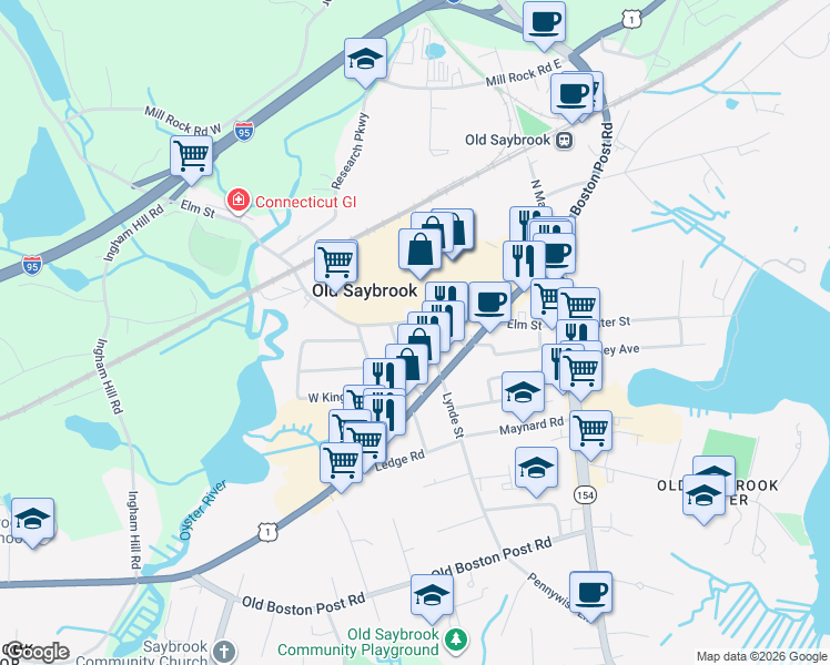 map of restaurants, bars, coffee shops, grocery stores, and more near 109 Lynde Street in Old Saybrook