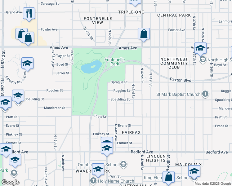 map of restaurants, bars, coffee shops, grocery stores, and more near 4423 Ruggles Street in Omaha