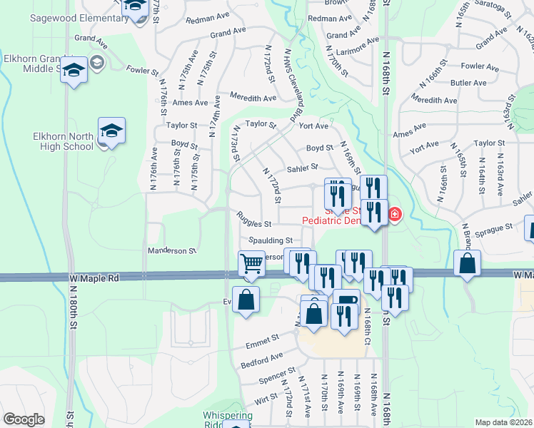 map of restaurants, bars, coffee shops, grocery stores, and more near 4019 North 172nd Avenue in Omaha