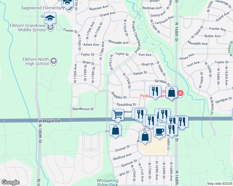 map of restaurants, bars, coffee shops, grocery stores, and more near 17360 Ruggles Street in Omaha