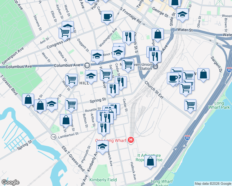 map of restaurants, bars, coffee shops, grocery stores, and more near 118 Cedar Street in New Haven