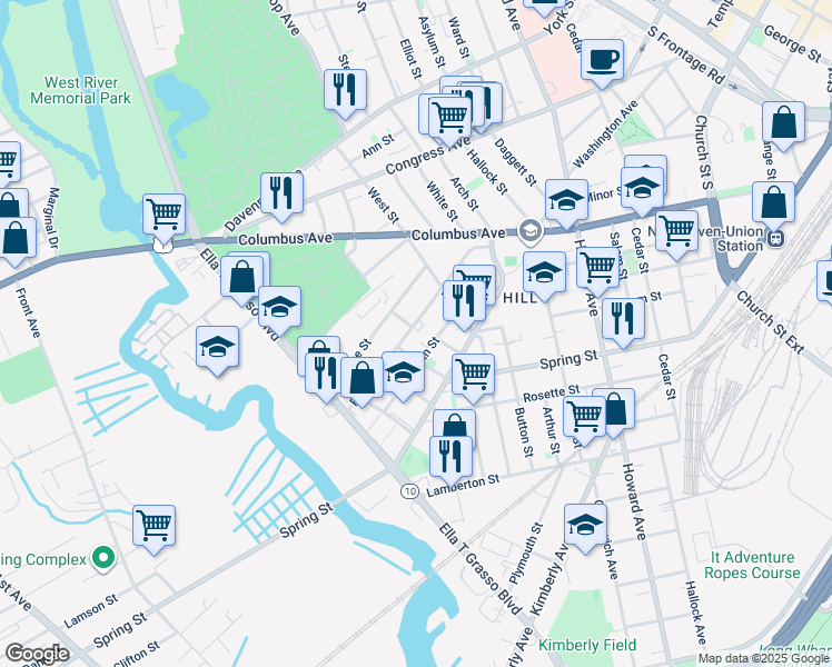 map of restaurants, bars, coffee shops, grocery stores, and more near 112 Frank Street in New Haven