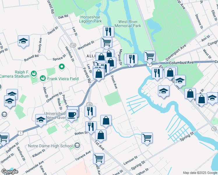map of restaurants, bars, coffee shops, grocery stores, and more near 426 Front Avenue in West Haven